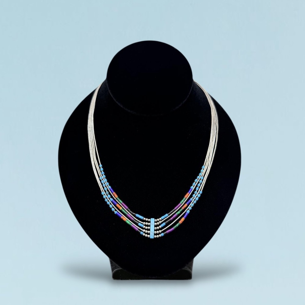 Vintage Navajo Liquid Sterling Silver Multi-Strand Necklace – Turquoise 19”